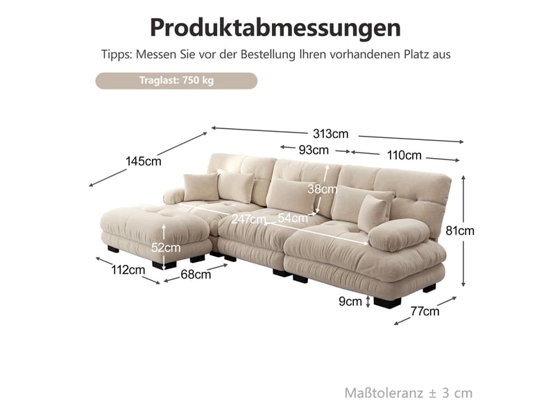  Canapé d'angle modulable 3 places en velours côtelé beige clair avec ottomans mobiles, confort profond au salon  - Conforama C