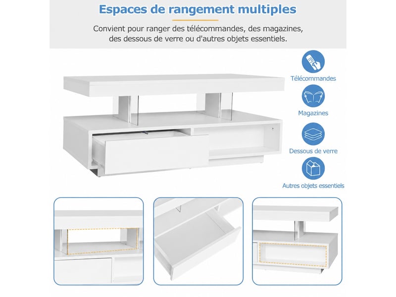 Table basse salon 95x50x42,5 cm avec éclairage led et 2 tiroirs, table de salon élégante avec espace de rangement, blanc  - Conforama D