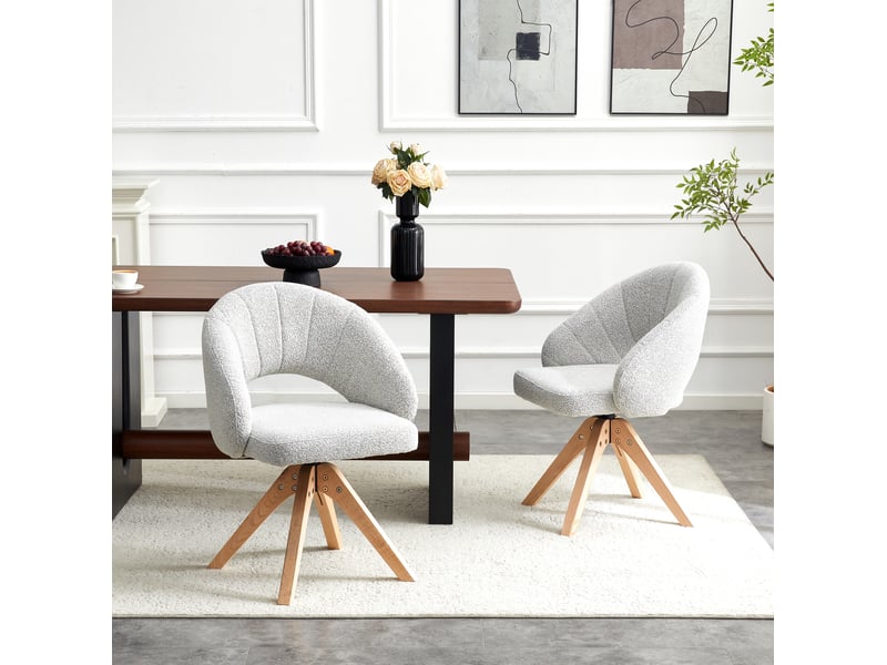  Lot de 2 chaises de salle à manger pivotantes 360° en velours texturé gris clair et bois, style rétro  - Conforama D
