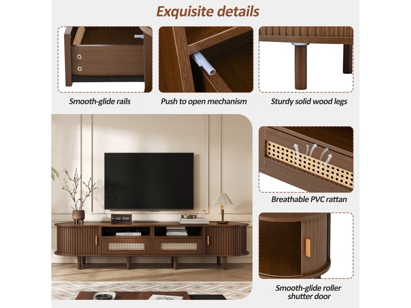  Meuble tv ovale 170 x 40 x 40 cm – 2 tiroirs effet rotin et 2 portes coulissantes – jusqu’à 70 pouces – noyer  - Conforama D
