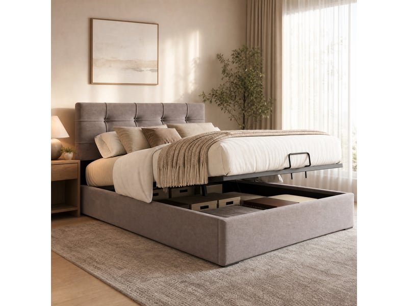  Lit coffre tcqpz 90 x 200 cm avec tête de lit réglable velours gris clair  - Conforama D