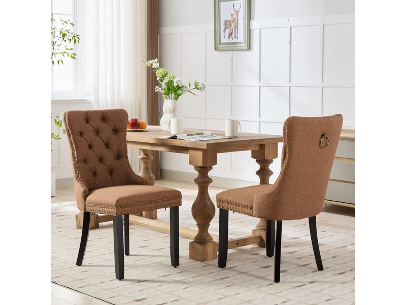 Chaises contemporaines en lin café – lot de 2 – dossier capitonné, bois massif, clous décoratifs – salle à manger  - Conforama B