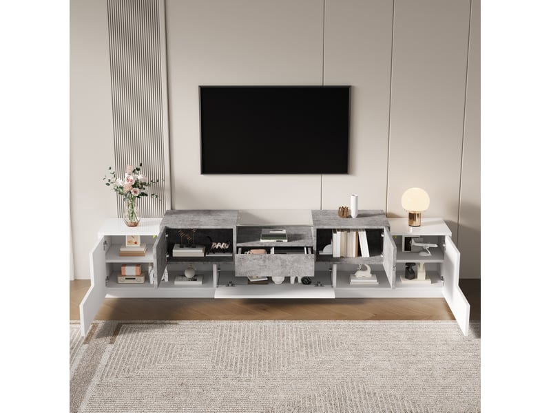  Meuble tv avec tiroir central, étagère verre et klapptür, rangement modulable style moderne pour salon, 200 × 33 × 48.5 cm, en mdf, blanc  - Conforama C
