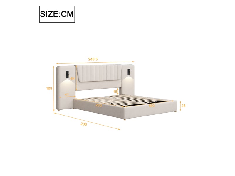  Lit rembourré 180 x 200 cm, avec dossier extra-long, lampe de lecture orientable, port de chargement usb, lit coffre hydraulique, lit double, tissu velours, beige  - Conforama C