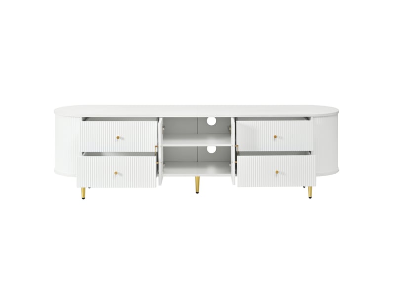  Meuble tv blanc,avec structure ondulée tridimensionnelle, bords arrondis, tiroirs et portes doubles, passe-câble  - Conforama D