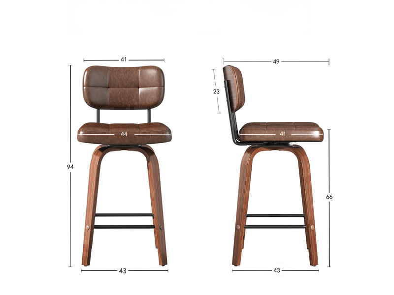  Tabouret de bar pivotant avec dossier ergonomique et design scandinave, en cuir pu et bois, marron noyer  - Conforama D