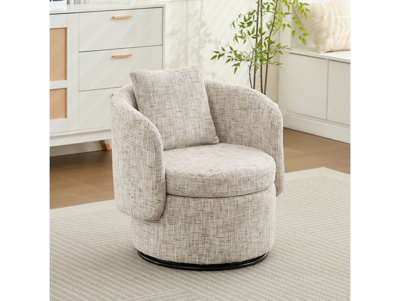  Fauteuil pivotant à 360° avec rangement dissimulé et coussin de dossier, en bois et tissu chenille ivoire  - Conforama E