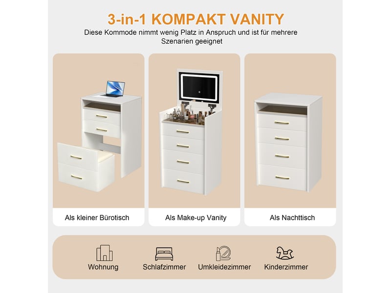  Coiffeuse d'angle 3 en 1 avec miroir ouvert 60x40x118 cm, meuble de chambre, 3 tiroirs, plateau en verre, mdf, blanc  - Conforama E