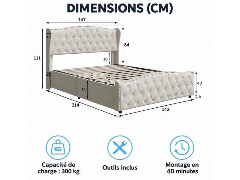  Yyxldynb lit coffre 140x200 cm avec rangememt, lit double rembourré avec sommier à lattes, cadre de lit 2 places avec tête de lit capitonnée, lit adulte, velours beige  - Conforama C