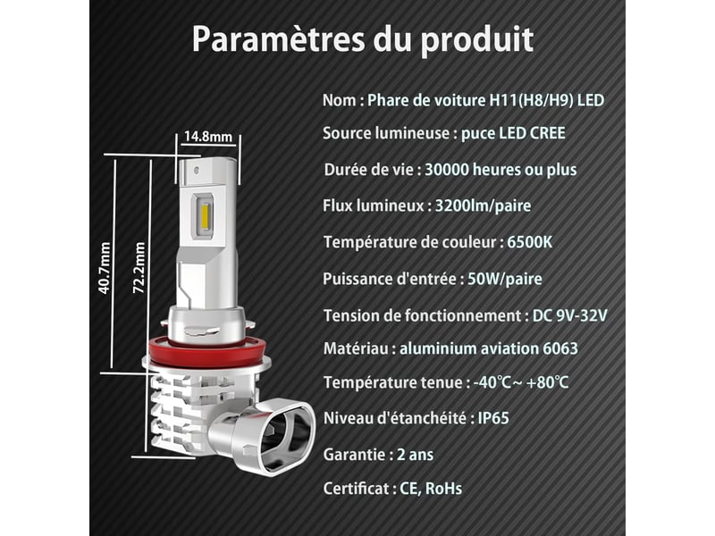 Kit 2 ampoules h11 h8 h9 led 6500k blanc 12v 24v remplacement phare - Conforama E