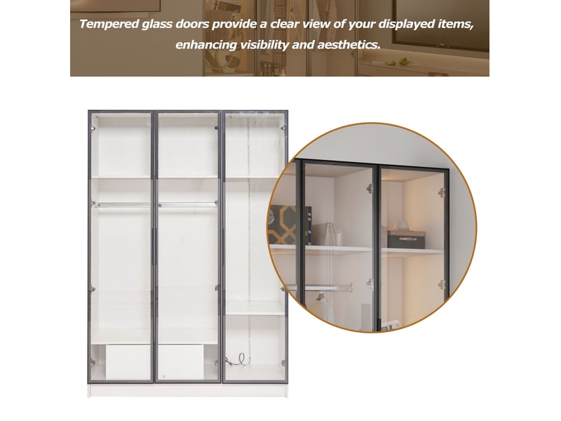 Armoire de rangement avec 3 portes vitrées, 1 tiroir, 1 tringle et led pour chambre et dressing, 110 × 50 × 160 cm - Conforama E