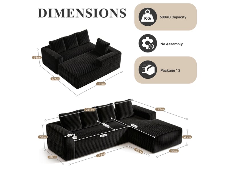  Canapé d’angle modulable 261 cm, méridienne droite, 3-4 places, canapé nuage sans cadre rigide, assise profonde, mousse et ressorts, velours côtelé, noir Morn Vibe - Conforama E