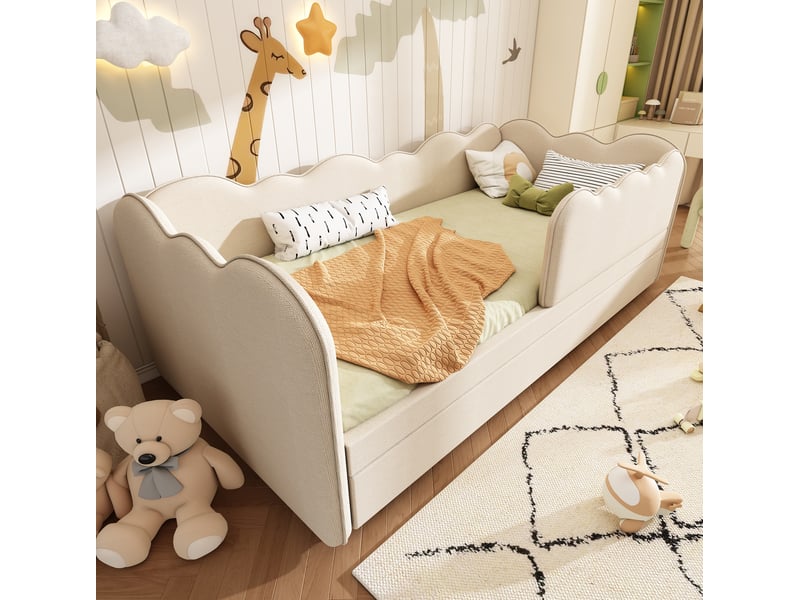 Lit enfant gigogne 90x190 cm forme de nuage unique et design en forme de l sommier lattes, lin beige, sans matelas - Conforama D