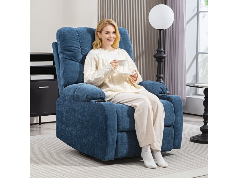 Fauteuil relax pivotant et à bascule avec repose-pieds, porte-gobelets et dossier inclinable en polyester bleu - Conforama B