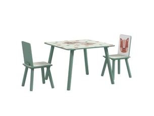 Ensemble table et 2 chaises enfant 60 x 60 cm vert en bois, motifs animaux pour activités 3 à 8 ans