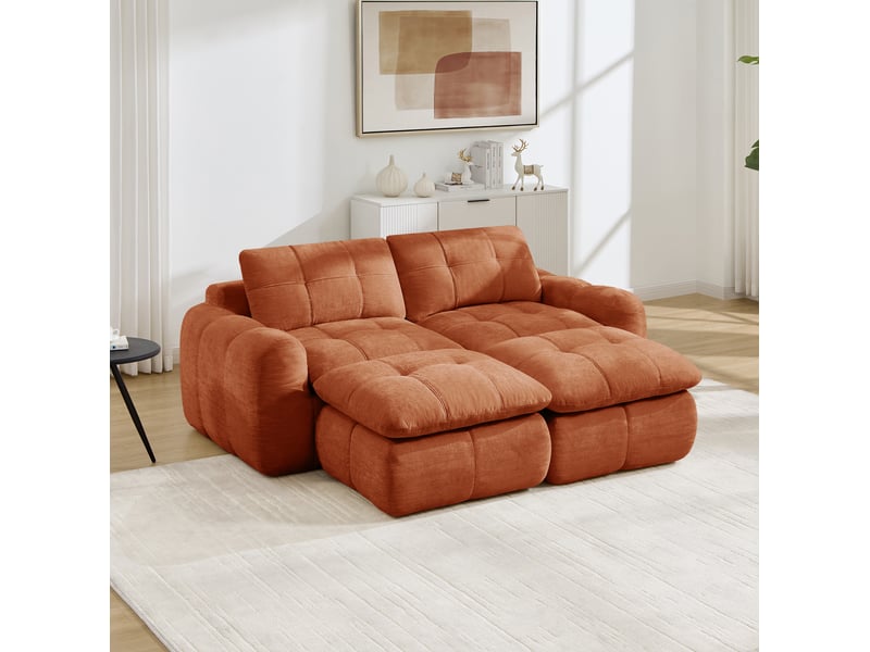 Canapé modulable 2 places modenvie avec 2 poufs, assise large et profonde, revêtement chenille, orange, 194 x 160 x 68 cm - Conforama E