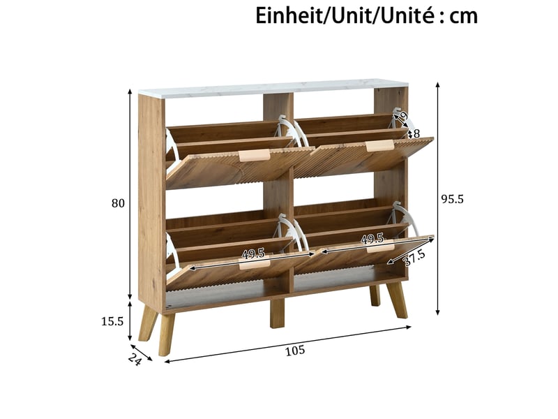  Meuble à chaussures 105x24x95,5 cm, grande capacité, plateau aspect marbre, pieds en bois, meuble entrée, mdf, naturel  - Conforama C
