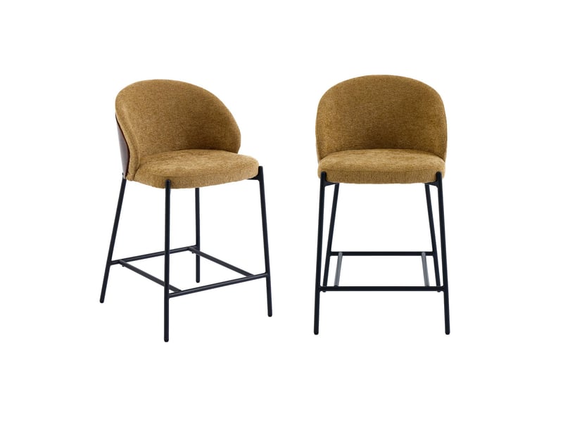  Lot de 2 tabourets de bar bois de peuplier teinté noyer. Acier noir et tissu texturé moutarde - paul  - Conforama A