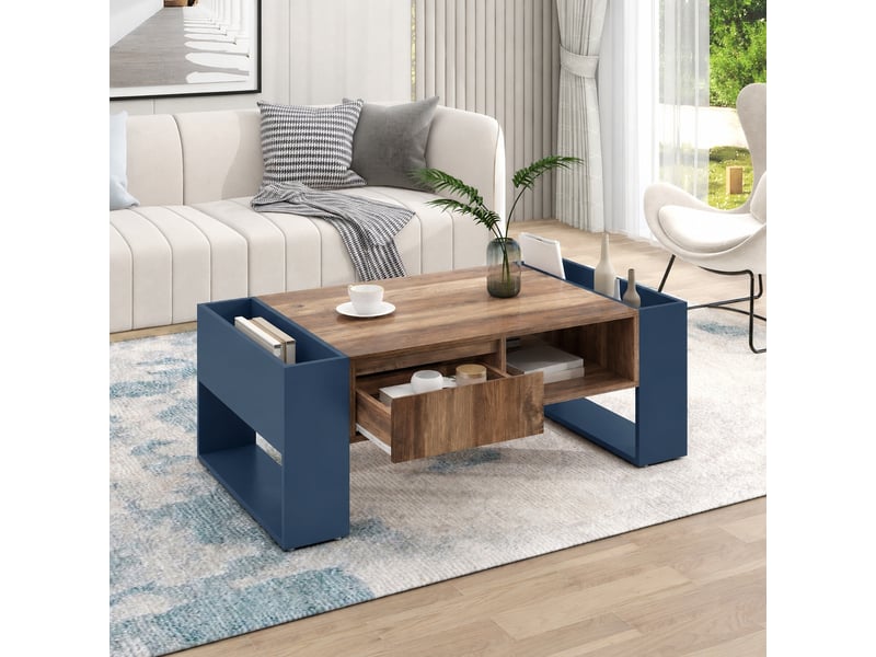  Table basse anthracite et effet bois avec tiroir sans poignée, 111 x 60 x 40 cm  - Conforama D