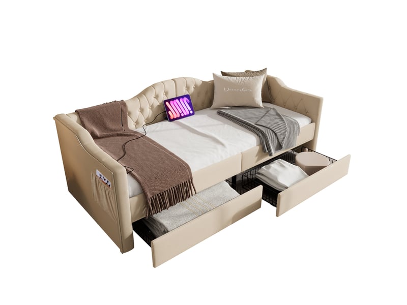  Modenvie lit de jour 90x200 cm - avec ports usb et usb-c, 2 tiroirs, sans matelas - beige  - Conforama A