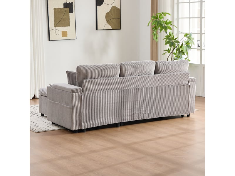  Canapé 3 places 212,5x136x86cm avec rangement, porte-verres et ports usb-c, confort et doux, velours côtelé gris clair  - Conforama R