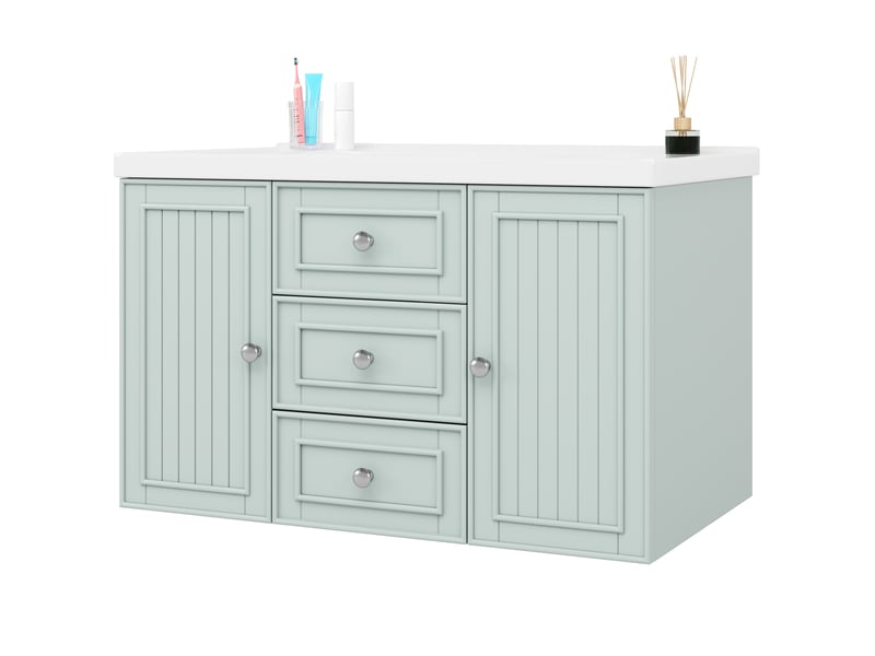  Meuble sous lavabo suspendu avec vasque céramique et 3 tiroirs - lpospi - rangement mdf vert 78,5 × 46 × 46,8 cm  - Conforama A