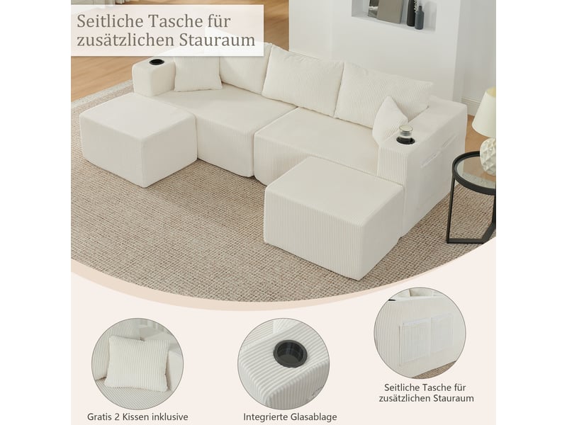 Canapé d’angle modulable 3 places 230 cm avec 2 poufs, tissu côtelé, porte-gobelets, poches latérales, montage facile, beige - Conforama D