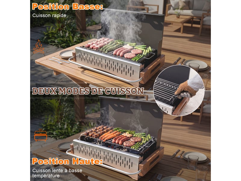  HOMAVO Barbecue Charbon de Bois Portable, Avec Ustensiles Barbecue, Conception Pliable, Surface de Cuisson: 38,15 x 20,95 cm, Adapté pour Camping, Jardin, Balcon  - Conforama W