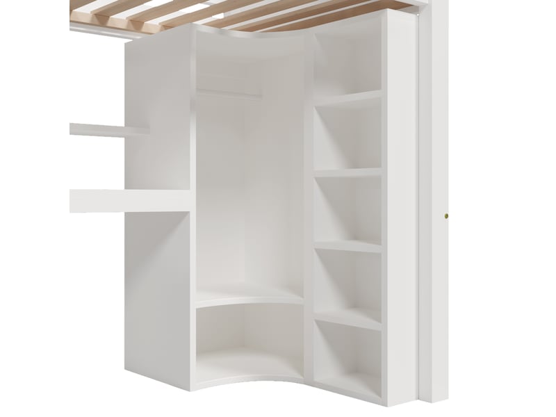  Lit mezzanine enfant 90x200 cm avec led, armoire, bureau, tiroirs et compartiments de rangement, pin, blanc, sans matelas  - Conforama E