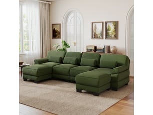 Canapé d’angle 4 places en u moderne, 2 poufs, construction à cadre, assise vaste et profonde, velours côtelé doux, 336 × 161 × 94 cm, vert