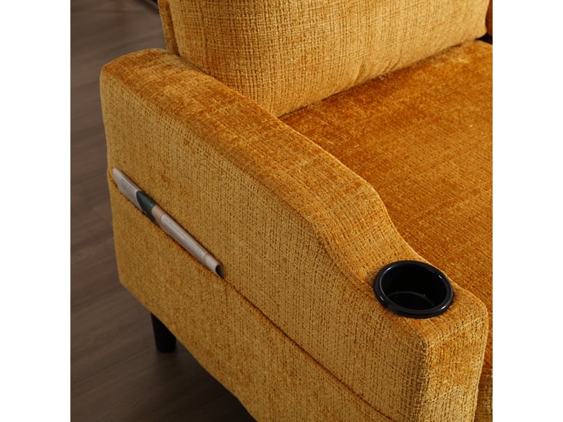 Canapé 4 places en chenille jaune avec hocker et rangement intégré, accoudoirs et porte-gobelets - Conforama R