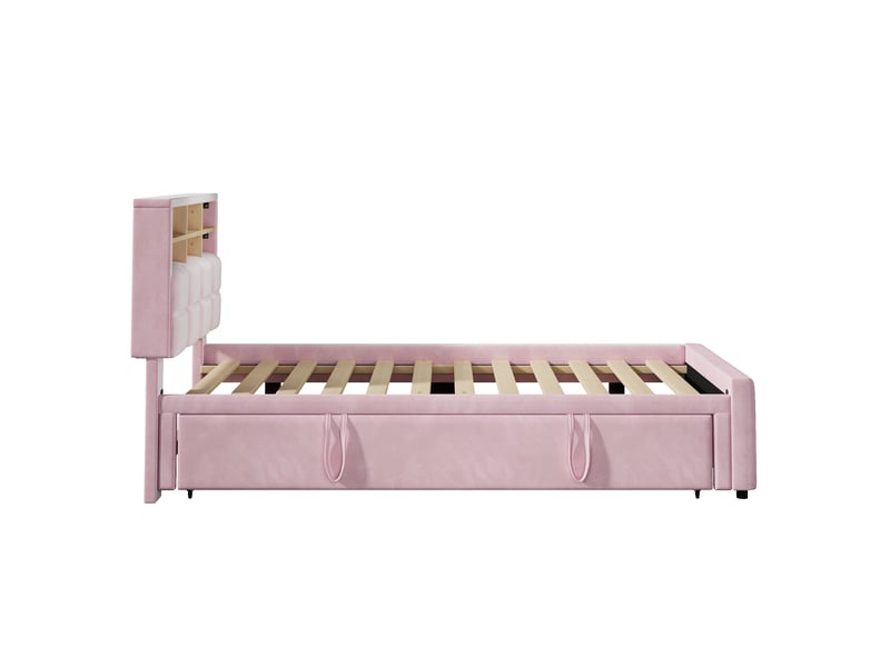 Lit banquette extensible 90x200180x200 cm en velours rose avec usb-c, niche de rangement ouverte et fonction canapé lit Morn Vibe - Conforama E