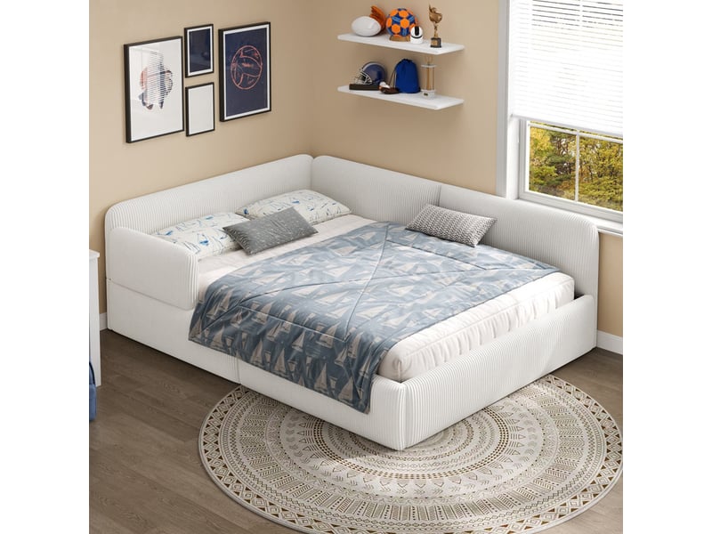  Lit rembourré pour enfant, 140 x 200 cm, avec rangement sous le lit et barrière de sécurité latérale, blanc  - Conforama D