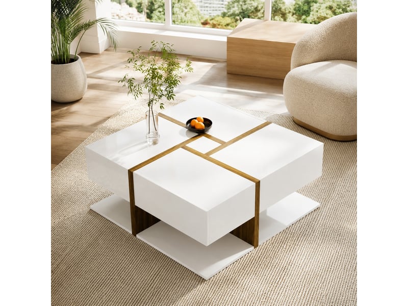  Table basse carrée avec 4 tiroirs et tablette inférieure, blanc et effet bois brillant  - Conforama C