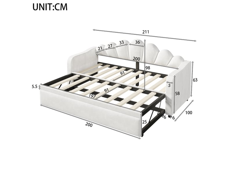 Lit tiroir gigogne 90x200 cm, velours blanc, led 7 couleurs, 2 positions, sans matelas - Conforama C