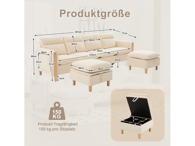 Canapé droit 4 pl 261x77x86 cm poches latérales et pieds en bois, 2 poufs de rangement, tissu chenille beige, pour le salon - Conforama C