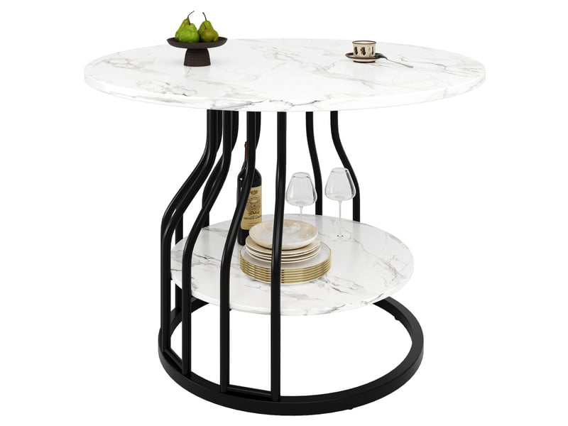  Table à manger ronde 4 places 80 x 80 x 76 cm, compartiment de rangement central, couleur noir, plateau en fibres de bois à l'aspect marbré  - Conforama A