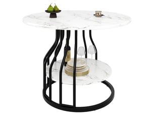 Table à manger ronde 4 places 80 x 80 x 76 cm, compartiment de rangement central, couleur noir, plateau en fibres de bois à l'aspect marbré