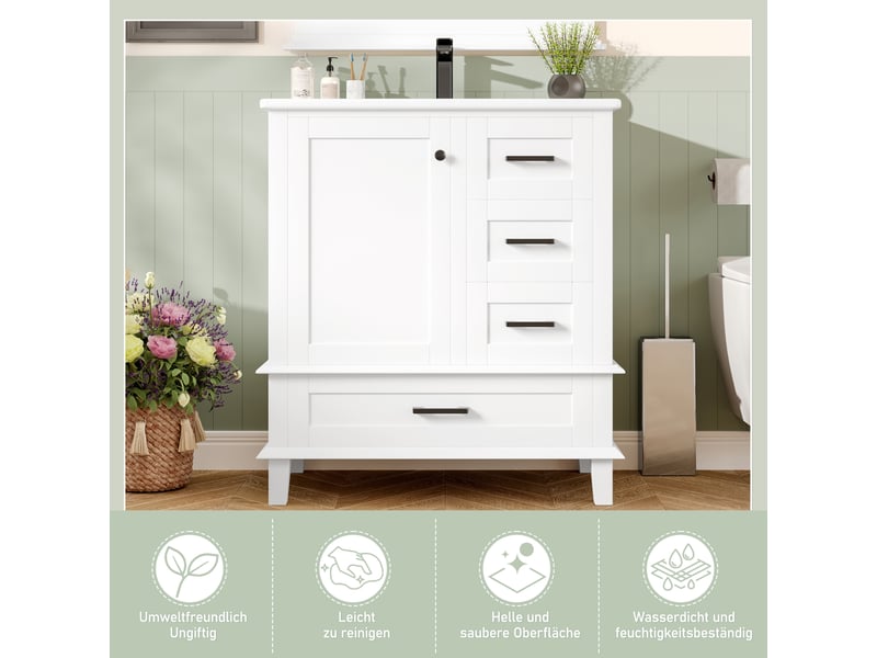  Meuble vasque sur pied blanc, 76 x 46 x 83,5 cm, en mdf et céramique, avec 3 tiroirs à coulisses silencieuses  - Conforama C