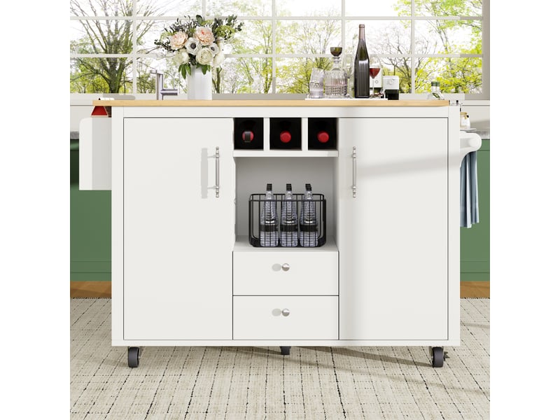 Desserte cuisine, îlot central sur roulettes avec plan de travail, plateau extensible, pivotant à 360°, dimensions 137,9 x 73 x 92,5 cm, mdf, blanc - Conforama B