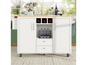 Desserte cuisine, îlot central sur roulettes avec plan de travail, plateau extensible, pivotant à 360°, dimensions 137,9 x 73 x 92,5 cm, mdf, blanc