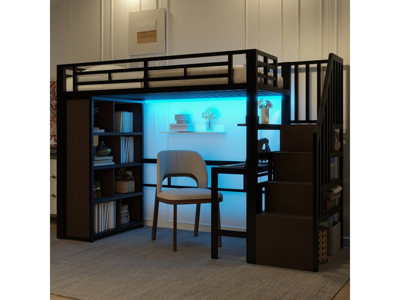 Lit mezzanine avec bureau intégré, 90 x 200 cm, rangements et barre led, structure en métal et mdf, noir - Conforama W