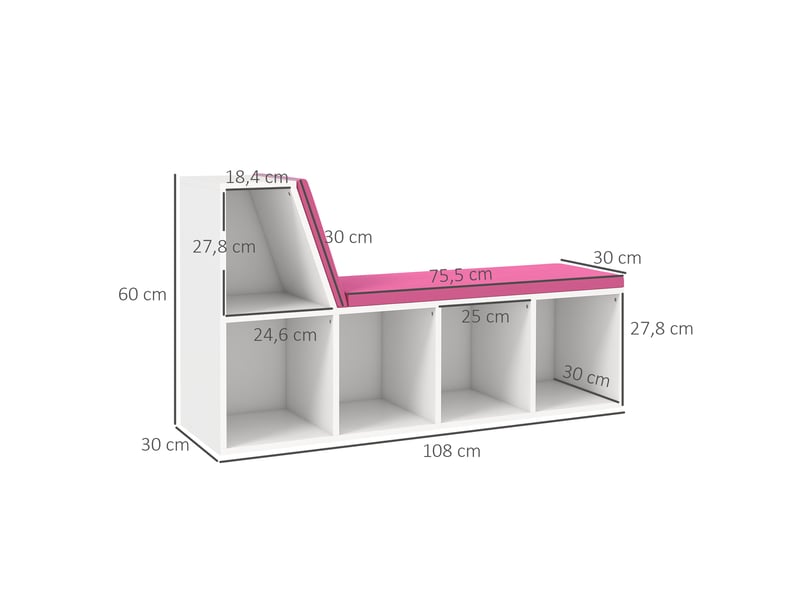 Bibliothèque banc 2 en 1 avec 5 compartiments de rangement et 2 coussins 108 x 30 x 60 cm blanc rose - Conforama E