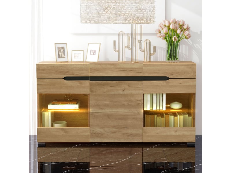 Buffet moderne led chêne 140x35x80 cm bahut 3 portes 3 tiroirs meuble de rangement - Conforama D