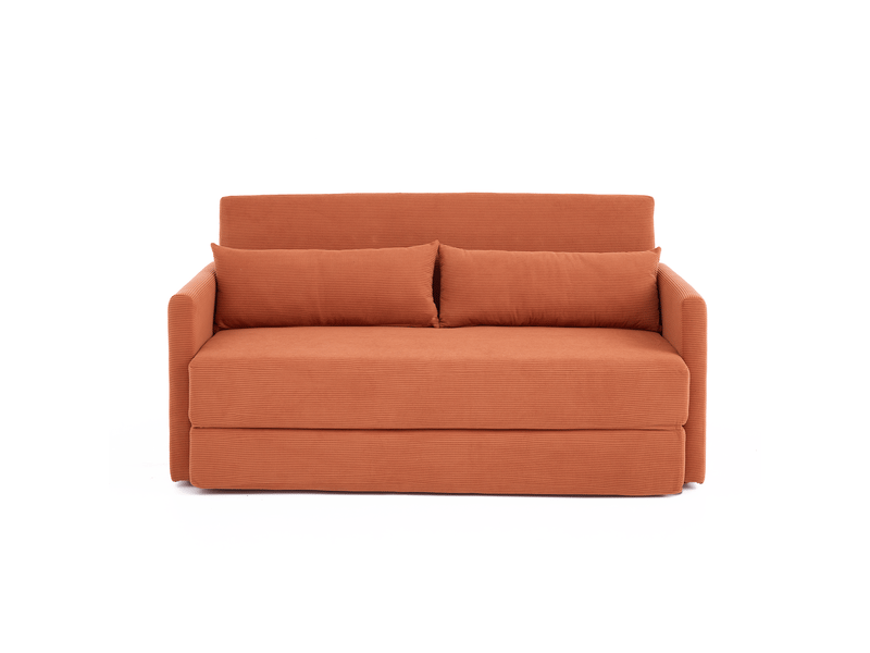  Canapé convertible 2 places orange, canapé-lit extensible en tissu côtelé avec coussins lombaires et pochettes magazines pour salon  - Conforama A