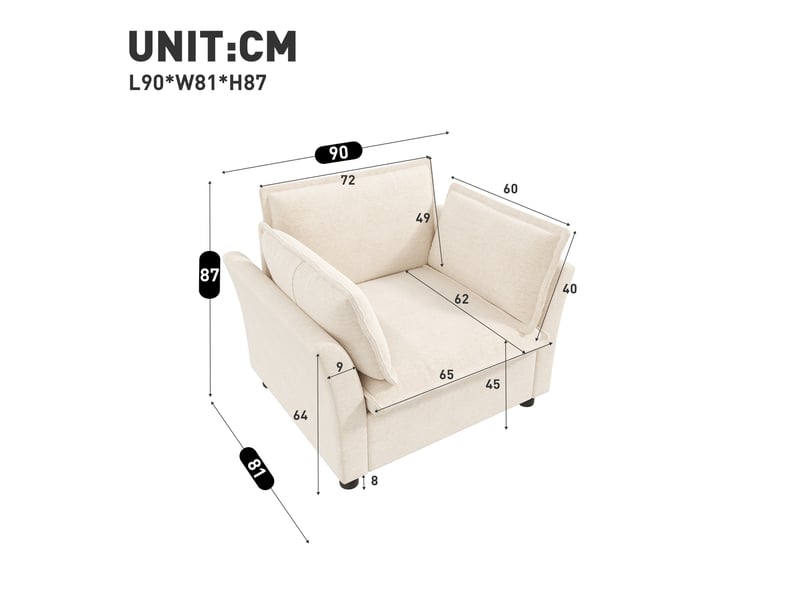 Fauteuil de salon 1 place 90x81x87 cm, accoudoirs courbés, 2 coussins, assise à ressorts, chenille beige  - Conforama C