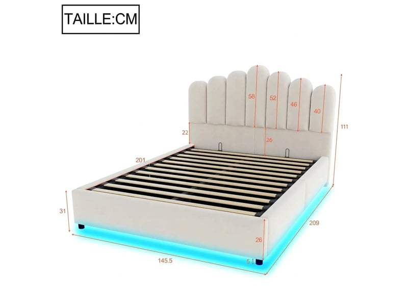  Lit coffre 140x200 velours beige avec tête de lit capitonnée et éclairage led sans matelas  - Conforama C