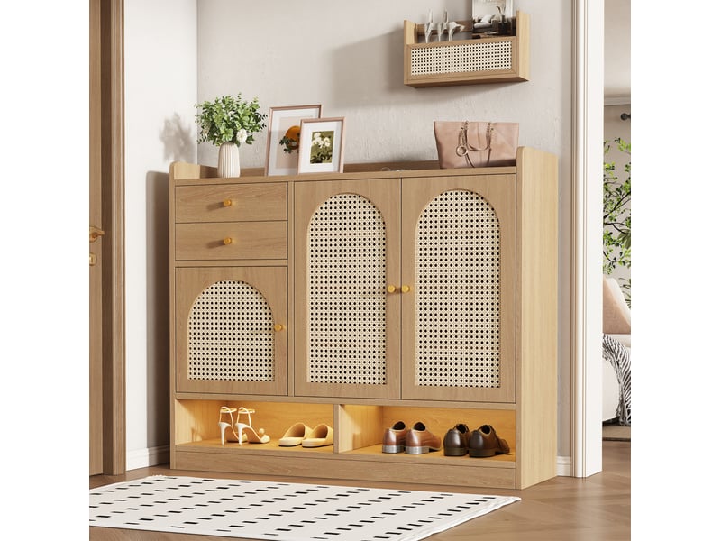  Meuble à chaussures 120x35x100 cm, 3 portes effet rotin et led, naturel  - Conforama E