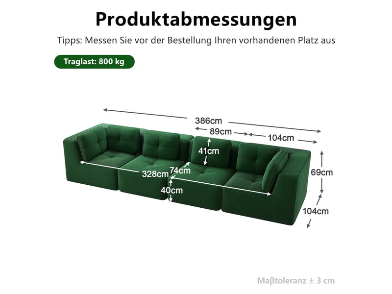  Canapé modulable 4 places vert, canapé d'angle moderne en tissu côtelé avec coussins profonds et pieds antidérapants pour salon contemporain  - Conforama C