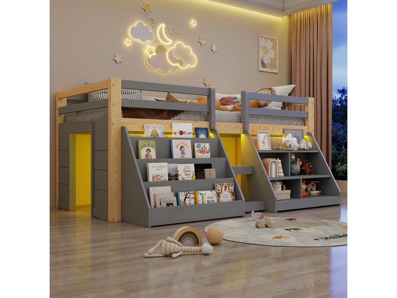  Lit mezzanine enfant mi-hauteur 90x200 cm, avec rangement, led, barrières de sécurité et échelle, bois de pin et mdf, gris  - Conforama B